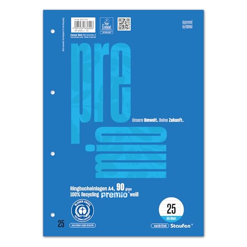 Staufen premio Ringbucheinlagen - 5 Blöcke je 50 Blatt, DIN A4, Lineatur 25 (9 mm liniert mit Rand), 4-fach Lochung, 90 g/m² Recyclingpapier