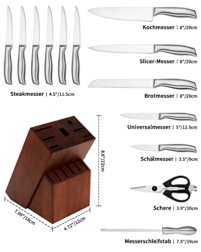 Foto von Messerset, 14-teiliges Küchenmesserset mit Block, Kochmesserset mit Schärfer, gezackte Steakmesser, Messerblockset aus kohlenstoffreichem Edelstahl, Messerset in Box, Brotmesser, Kochmesserset