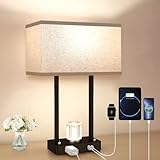 Yurnero Bedside Lamp with 2 USB Ports and AC Outlet-End Table Lamp for Bedroom with Night Lamp Modern-Metal Black Base with Switch-Tall Nightstand Lamps for Living Room Bright for Bed Side Reading