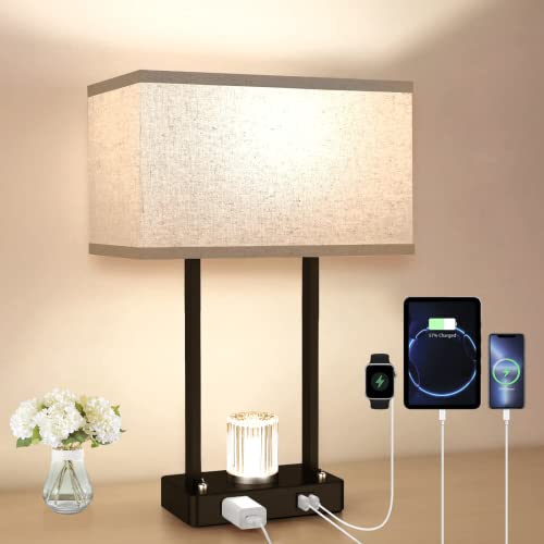 Yurnero Bedside Lamp with 2 USB Ports and AC Outlet-End Table Lamp for Bedroom with Night Lamp Modern-Metal Black Base with Switch-Tall Nightstand Lamps for Living Room Bright for Bed Side Reading