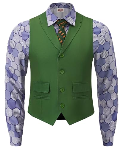 Mainfini Men Joker Costumes Halloween Theme Party Funny Classic Dark Horror Knight Movie Cosplay Regular Fit Novelty Purper Graphic Shirt Green wasitcoat Tie Suit Outfit Adult 3 Piece Set L