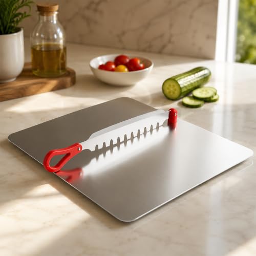 Image of Bmado 304 Stainless Steel Cutting Board with Vegetable Cutter | Premium Food Grade Countertop Chopping Board for Vegetables, Fruits & Bread | Heavy Duty, Durable, Safe | 310 x 340 x 1.3 mm