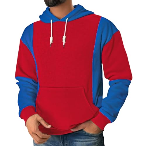 Mens Color Block Pullover Hoodie Big and Tall Novelty Drawstring Hooded Long Sleeve Sweatshirts Patchwork Casual Tops