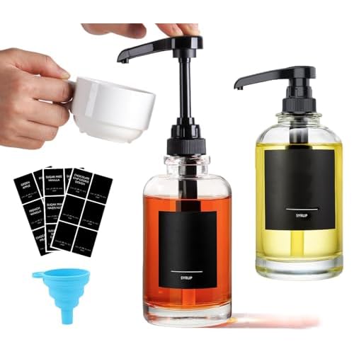 AXIM Lot de 2 distributeurs de sirop de café en verre de 500 ml avec étiquettes et entonnoir, organiseur de bar à café, accessoires modernes pour cuisine