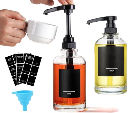AXIM Lot de 2 distributeurs de sirop de café en verre de 500 ml avec étiquettes et entonnoir, organiseur de bar à café, accessoires modernes pour cuisine