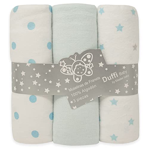 Duffi Baby - Pack 3 Muselinas Bebe Algodon Estampadas. Set Tres Muselinas para Bebes Rectangulares 80 x 110 cm. Manta Verano Bebe Franela 100% Algodon Suave. Toallas Bebe Recien Nacido. Azul. 1392-12
