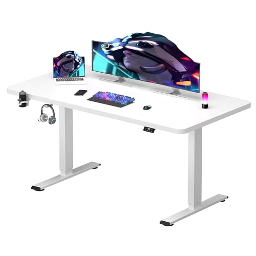 FLEXISPOT 140 x 60 cm Electric Standing Desk, Sit Stand Table Height Adjustable Desk with Backpack Hook and Memory Smart Pannel, Home Office Desk White