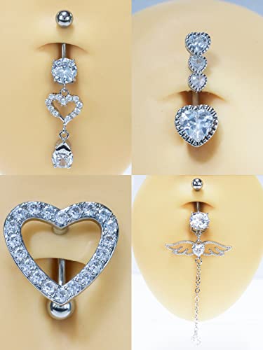 14G Surgical Steel Belly Button Rings Round/Love Heart Clear Cz Navel Curved Barbell Studs Sexy Body Piercing (4Pcs - Steel - Style A) #TOP3