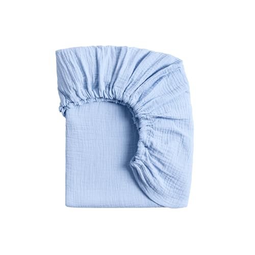 Image of Meracorallo Muslin Pack and Play Fitted Sheet, 100% Cotton, Sky Blue | Soft Breathable Mini Crib Sheet, Pack N Play Sheet, 38x26 In, Playard Mattress Sheet for Baby Boys and Girls