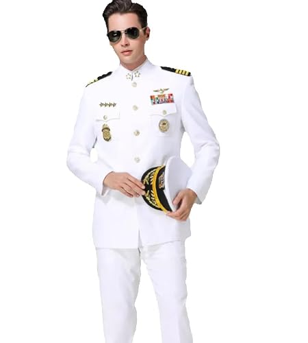 Europe American Trend Sailor White Blazer Suit Cruise Ship Captain Uniform Hat + Coat + Trousers Set A090 (US, Alpha, X-Large, Regular, Regular)