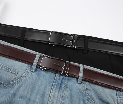 Image of 2 Pack Ratchet Belt 1 3 /8 inch, Mens leather Dress Belt in Gift Set Size 28 inch-62 inch Adjustable waist Trim to Fit