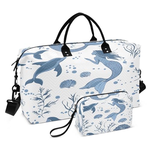Travel Duffle Bag Weekender Bags Overnight Bag with Toiletry Bag Gym Duffel Bag Blue Mermaid Dolphin for Travel Business Trips Sport
