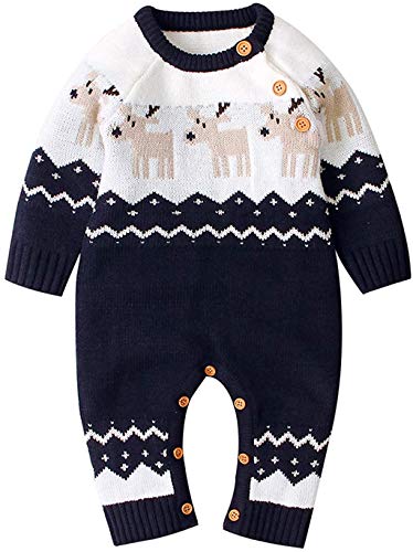 Youweiwu Newborn Baby Girls Boys Christmas Outfit Long Sleeve Knit Deer Romper Jumpsuit Pajamas Xmas Clothes My 1st Christmas (Blue-2, 3-6 Months)