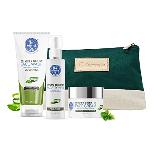 Image of The Moms Co. Oily Skin CTM Regime l Oil Free Look l Green Tea l Face Wash l Toner l Cream l Free Vanity Bag l Pack of 300 gms