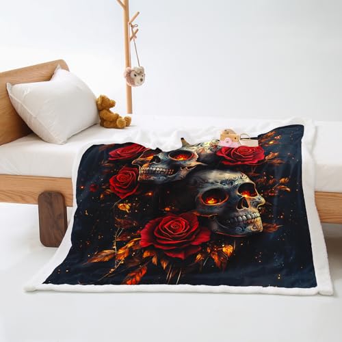 Plaid Cama Hojas Cráneo Rosa Colcha Plaid Sofa Verano Diseño de Doble Cara Cubre Colcha Multiusos para Sofas Suave Manta Termica Lana de Cordero de Franela Blanket Espesar Durable 150x200cm