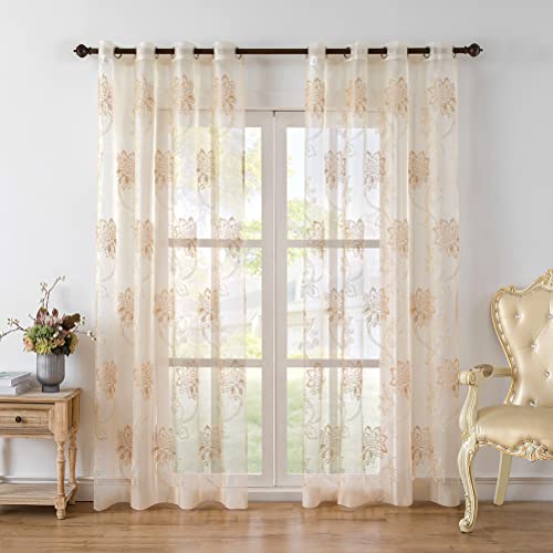 ELKCA Luxury Floral Embroidered Sheer Curtains for Bedroom Elegant Transparent