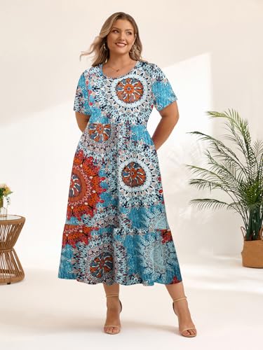 Image of LARACE Plus Size Dresses for Women Summer Casual Short Sleeve Long Dress Flowy Maxi Beach Dresses with Pockets L-6XL