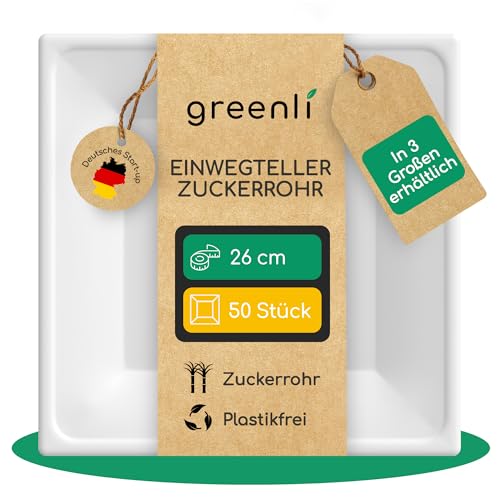greenli Einwegteller aus Zuckerrohr 26 x 26 cm 50 Stück Plastikfrei In 3 Größen erhältlich (16 x 16 20 x 20 26 x 26 cm) Die stabile Alternative zu Papptellern
