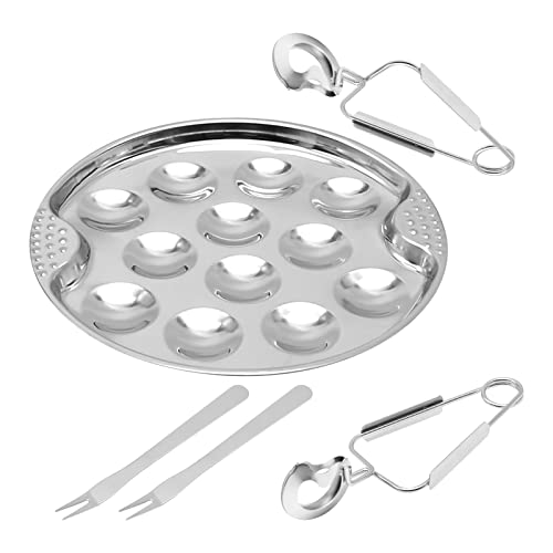 UOIENRT Lot de 5 plats escargot en acier inoxydable avec 12 trous et pince à escargot et fourchette à escargot pour cuisine et restaurant