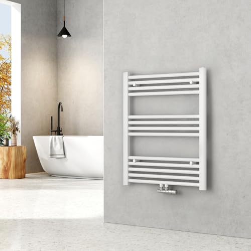 EMKE Radiador de Baño 75 x 60 cm, Toallero de Agua Caliente con Conexión Central, Calienta Toallas de Pared, Blanco, 337W,Toallero Baño,Instalación Sencilla