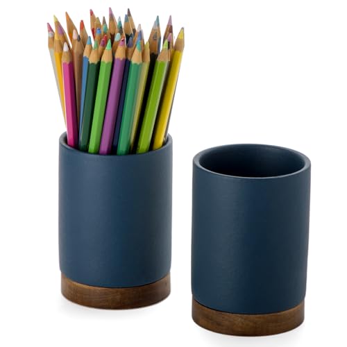 Image of Pen Holder for Desk, Ceramic Pencil Organizer & Makeup Brush Holder, Office Decor and Desk Accessories,Perfect Office Organization,Teacher Supplies(Royal Blue, Set / 2)
