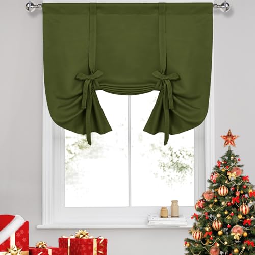 DWCN Blackout Curtains-Tie Up Shade for Window Thermal Insulated Room Darkening Rod Pocket Curtains for Kitchen, Olive Green, W42 X L45 Inches, 1 Panel