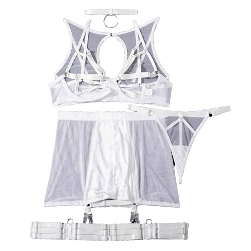 Ensemble lingerie sexy blanc S avec soutien-gorge push-up et string dentelle transparent