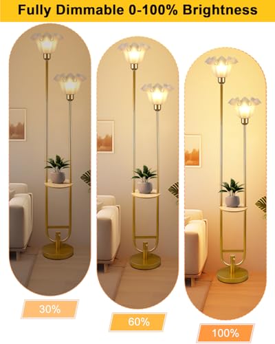 Image of Flower Floor Lamps with Table, 2-Lights Dimmable Floral Floor Lamp, 3000K Warmwhite Modern Floor Lamp, Vintage Gold Standing Lamp with 5Lbs Heavy Base for Living Room Bedroom Girls Room