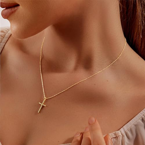Cross Necklace for Women 14K Gold Plated/Sterling Silver Cross Necklace Dainty Tiny Layered Choker Cross Pendant Necklaces Faith Jewelry First Communion Gifts for Her 3