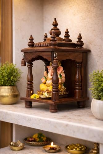 Image of Australian Handicrafts Handcrafted Wooden Temple for Home | Premium Small Pooja Mandir (12 x 6 Inch) | Solid Wood Hindu Mandir with Bells | Home, Office & Gifting