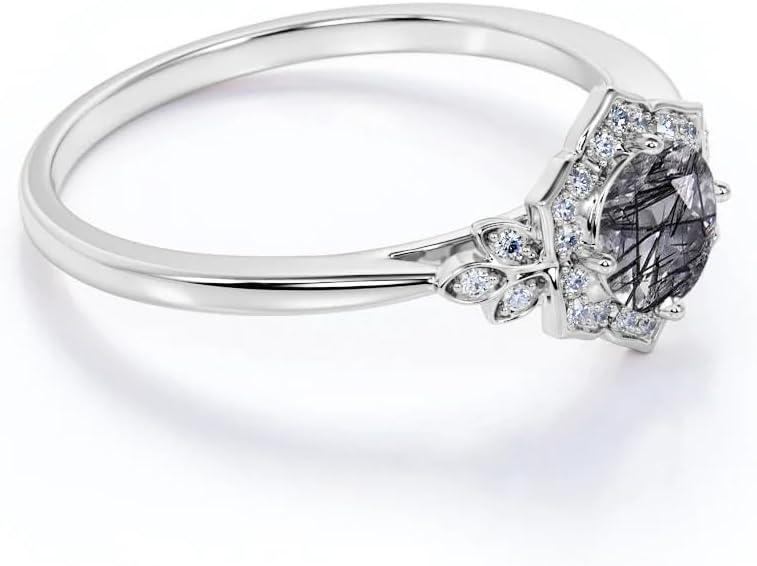 Black Rutilated Quartz Engagement Ring for Women 925 Sterling Silver 10K/14K/18K Gold 1CT Black Rutilated Quartz Wedding Ring Vintage Art Deco Anniversary Promise Ring for Her
