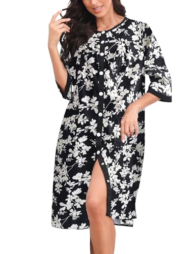 Image of Bloggerlove House Dress Women Cotton Snap Front Nightgown 3 /4 Sleeve Housecoat Duster Robe with Pockets Moomoo Patio Dress