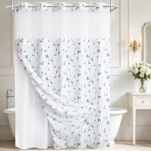 Blotixn No Hook Slub Textured Shower Curtain with Snap in Liner - 72x75 Farmhouse White with Misty Blue Embroidered Leaf Floral Bathroom Curtain Set, Modern Waterproof & Washable with Mesh Top Window — view 7