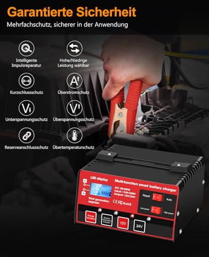Miniatura 4 de Arrinew Cargador De Batería Para Coche 12v 24v Con Función De Reparación Pantalla Lcd Y Múltiples Protecciones Para Auto Moto Camión Cortacésped Barco, Rojo Y Negro