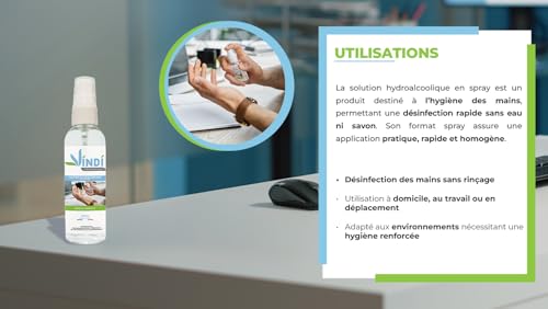 Vindi Désinfectant solution hydroalcoolique - Flacon spray de 100ml - Fabrication Française - 76% d'alcool - Désinfectant des mains et des surfaces - Virucide – vue 3