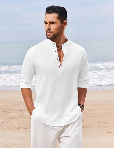 COOFANDY Men's Casual Henley Shirt Long Sleeve Band Collar Shirts Summer Beach Hippie Button T-Shirts2