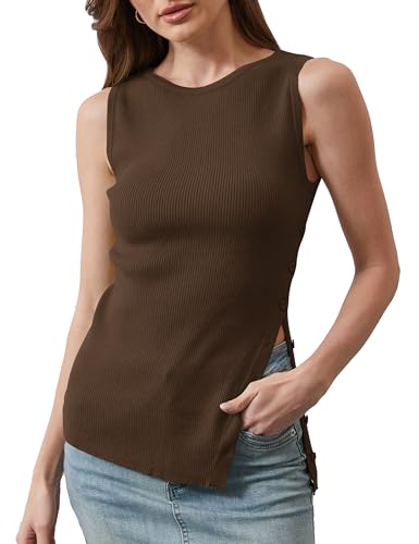 Women Asymmetrical Button Sweater Vest Sleeveless Side Split Rib Knit Slim Fit Sweater Tank Top Summer Pullover Top