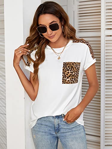 Blooming Jelly Women's Leopard Print Tops Color Block Cap Sleeve Casual Cute Summer Shirts Basic Tees（Small,White #TOP1