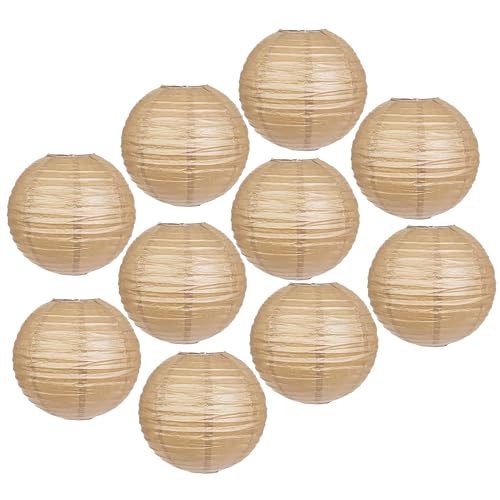 Image of Mudra Crafts 12 Inch Round Chinese Kraft Paper Lanterns Hanging Decor | 10 PCs, Reusable, Indoor Outdoor Decorative Lamp Shade, for Ceiling, Wedding, Shower, Party, Festival, Home Decoration