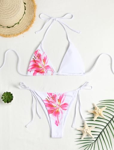 Image of ZAFUL Womens Printed Triangle Bikinis 2 Piece Halter Bikini Sets High Cut Bathing Suit Side Tie Swimsuits