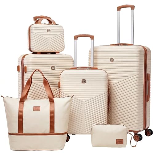 Hoteel Luggage Sets 6 Piece ABS+PC Hardside, 4-Year Warranty, Luggage Set with Spinner Wheels, TSA Lock, Lightweight Carry on Luggage, 13"/20"/24"/28" Suitcase with Duffel & Organizer, Beige