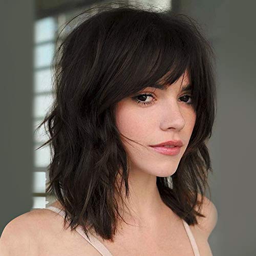 Nnzes Short Bob Curly Wig with Bangs Brown Synthetic Wavy Wigs for Women Women's Shoulder Length Daily Party Hair 14 inches Natural Looking Heat Resistant Fiber Hair
