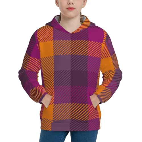 Purple Yellow Buffalo Plaid Kids Pullover Hoodies Boys Sweatshirts Girls Athletic Clothes with Pocket