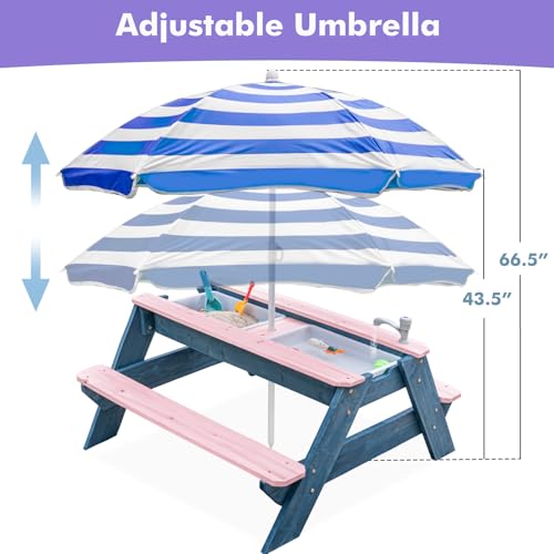 Miniatura 3 de Kids 3 en 1 - Mesa de picnic convertible para exteriores con paraguas, 2 cajas de juego, parte superior desmontable, mesa de grifo para exteriores (rosa/azul marino)