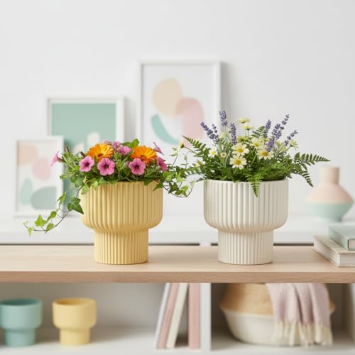 Image of Xtore Chic Ribbed Ceramic Planter Set for Indoor Plants | Modern Decorative Flower Pots for Living Room, Office Desk, Shelf & Tabletop Greenery (Set of 2, Planters only)