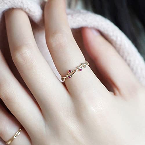 Delicate Gold Plated Crystal Leaves Branch with Rose Red CZ Stones Ring Eternity Bands for Women Minimalist Promise Jewelry2