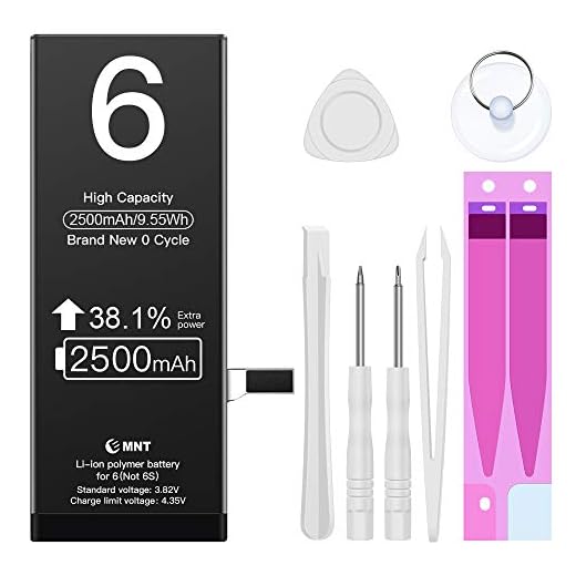 2 500 mAh batteri passar iphone 6, ZMNT ersättning med högre kapacitet än andra batteri med komplett professionellt reparationsverktygsset och instruktion (INTE 6 s) 2 års garanti