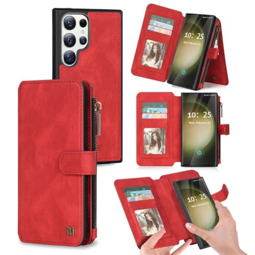 Étui Samsung S25 Plus en cuir rouge avec fentes cartes et clapet magnétique chic