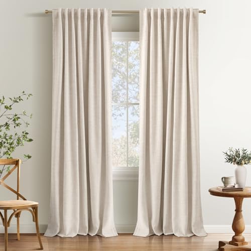 INOVADAY 100% Blackout Curtains 105 Inches Length 2 Panels Set, Back Tab/Rod Pocket Linen Black Out Curtains for Bedroom, Thermal Insulated Window Drapes - Cream, W50 X L105