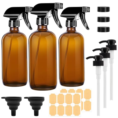 Amber Glass Spray Bottles 500ml, 3Pcs Glass Spray Bottles for Cleaning with Adjustable Nozzles, Labels & Accessories, Plants, Essential Oils Refillable Spray Stream Settings for Squirt and Mist